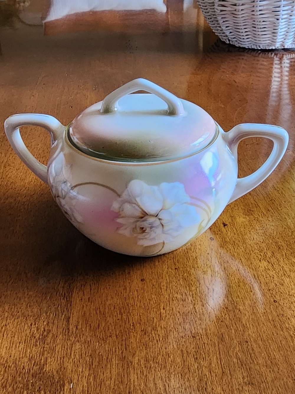Porcelain Floral Covered Sugar Bowl - Cream and Pink